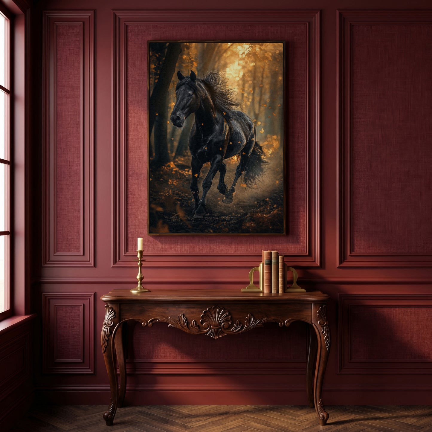 Black Horse in Autumn Forest Canvas in dark walnut floating frame