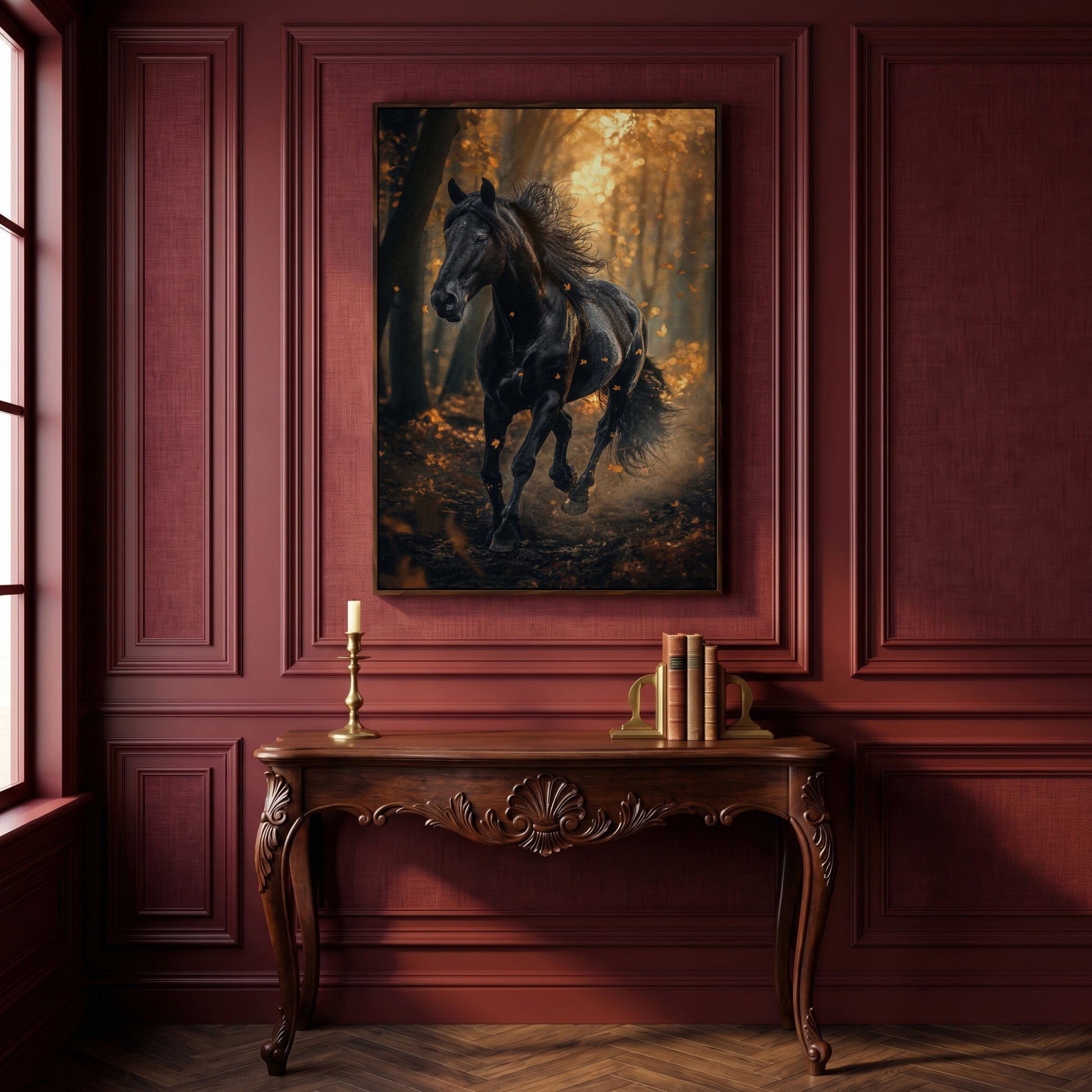 Black Horse in Autumn Forest Canvas in dark walnut floating frame