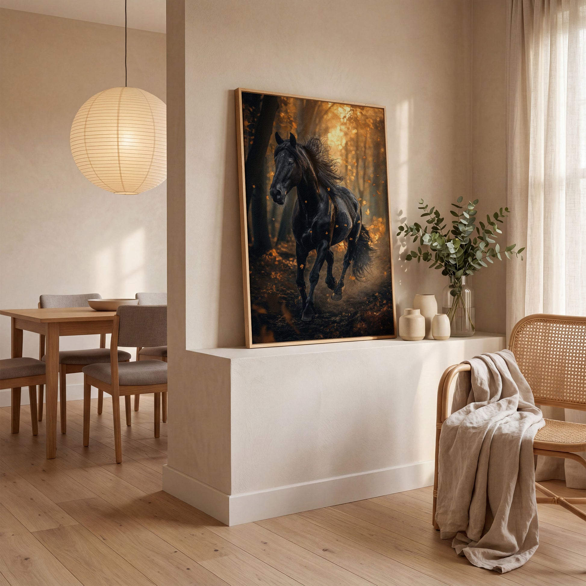 Black Horse in Autumn Forest Canvas in white oak floating frame