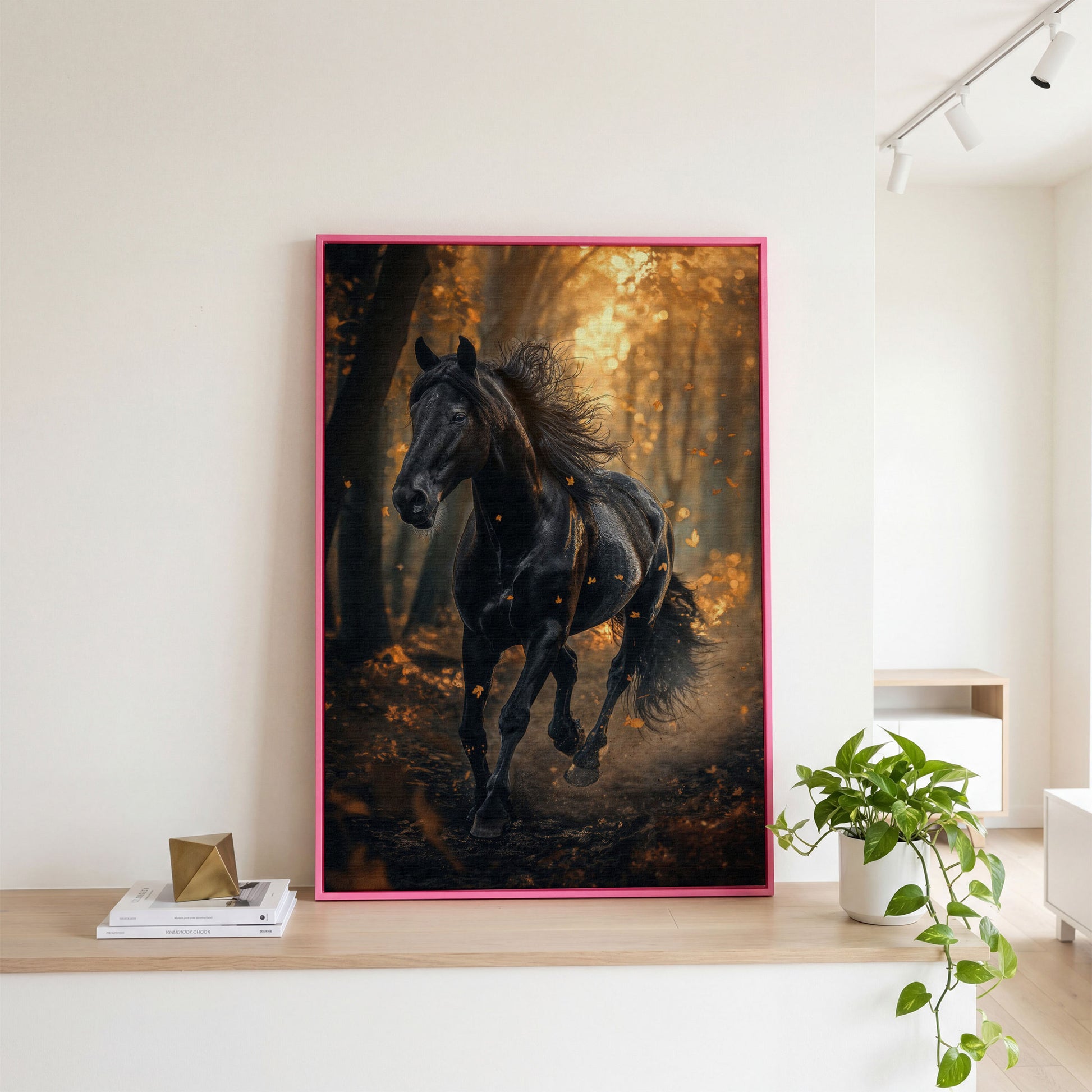 Black Horse in Autumn Forest Canvas in pink floating frame
