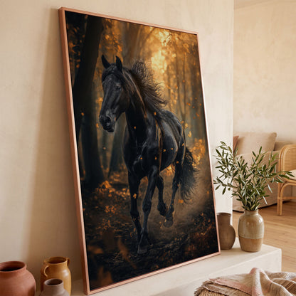 Black Horse in Autumn Forest Canvas in rose gold floating frame