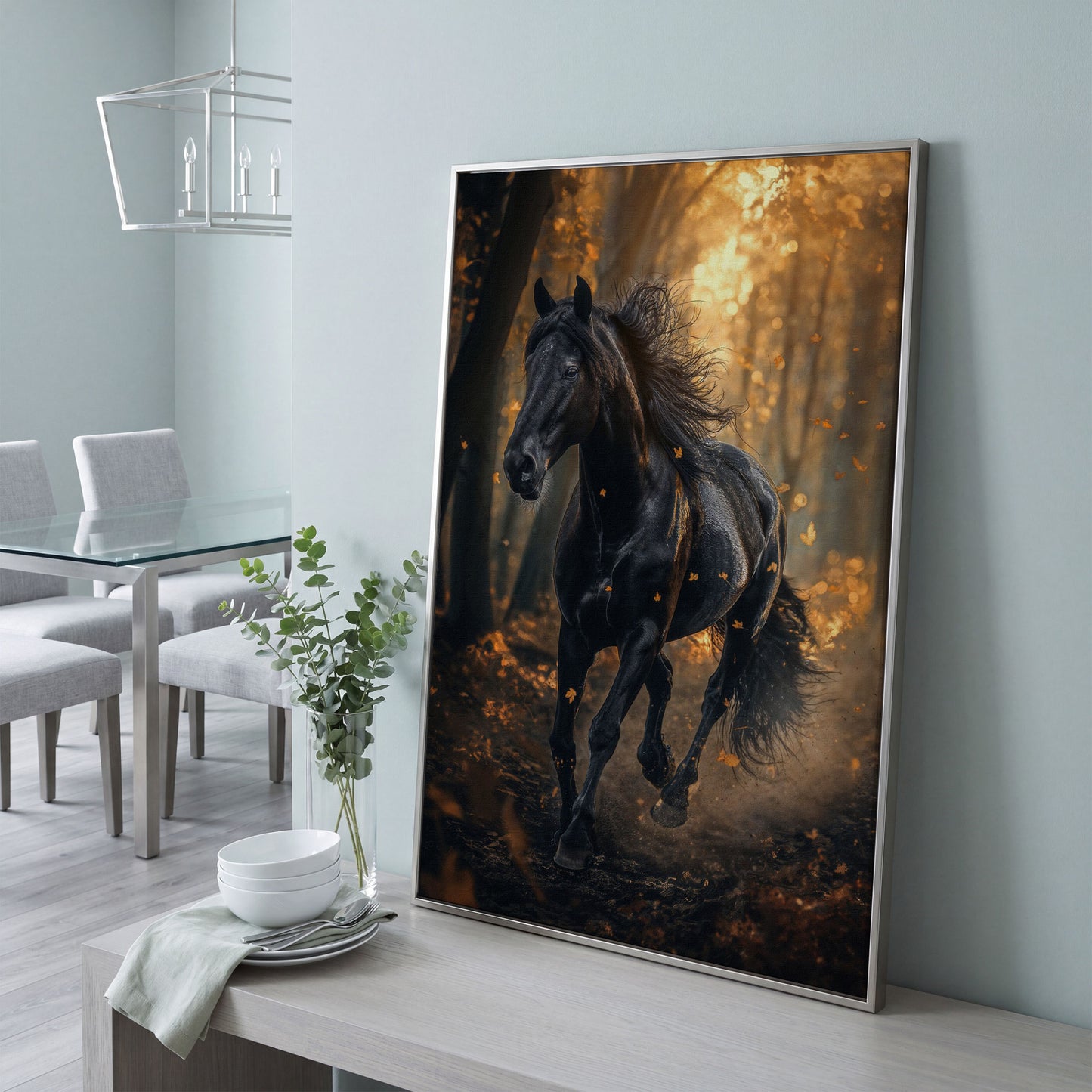 Black Horse in Autumn Forest Canvas in silver floating frame