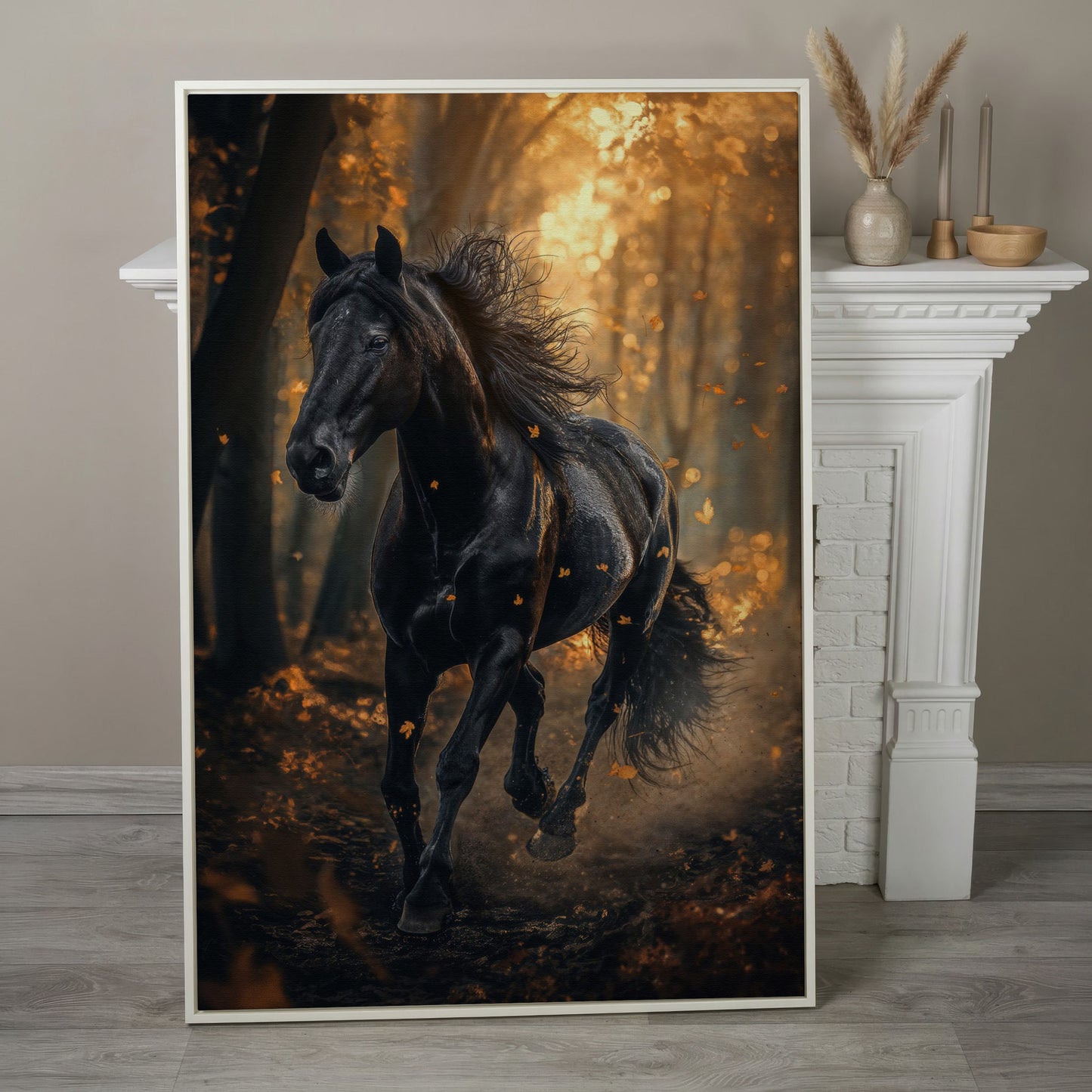Black Horse in Autumn Forest Canvas in white floating frame