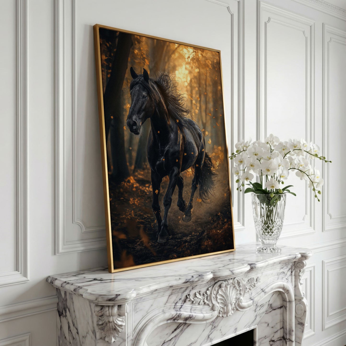 Black Horse in Autumn Forest Canvas in yellow gold floating frame
