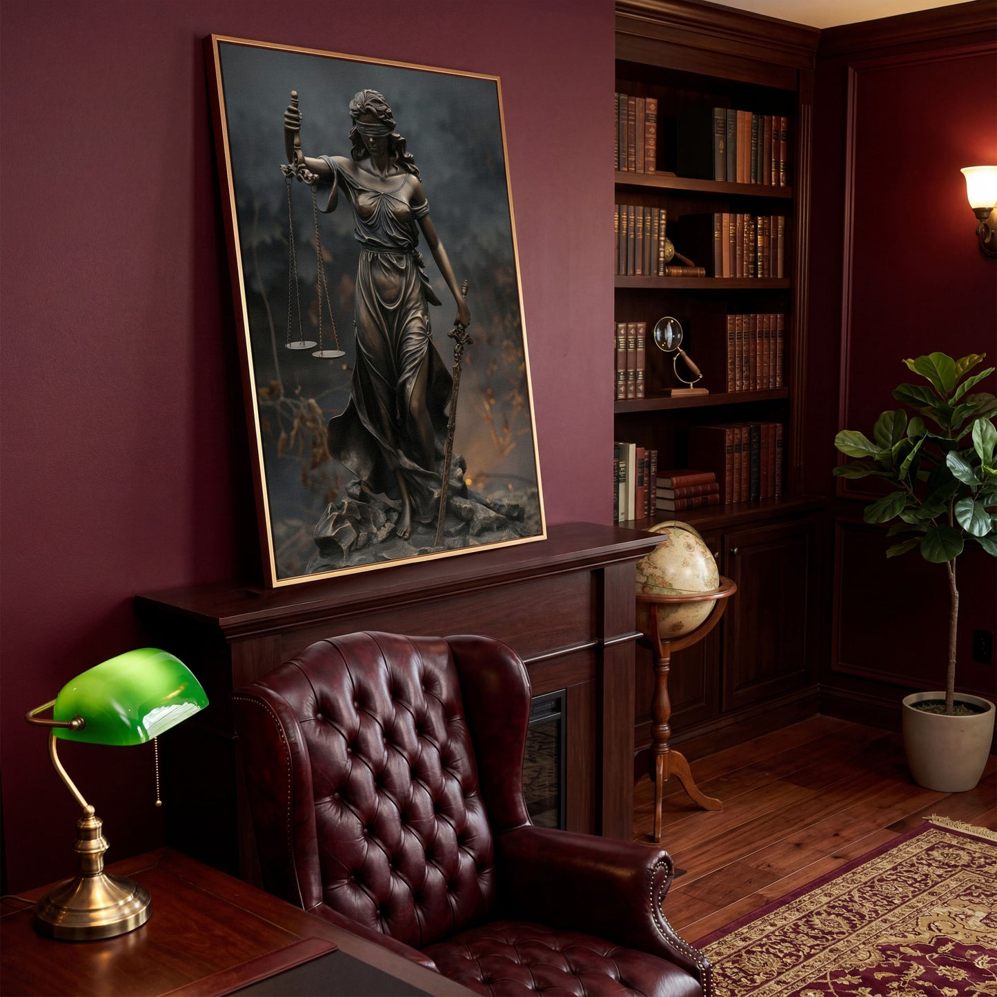 Lady Justice Themis Bronze Canvas Wall Art in antique gold floating frame