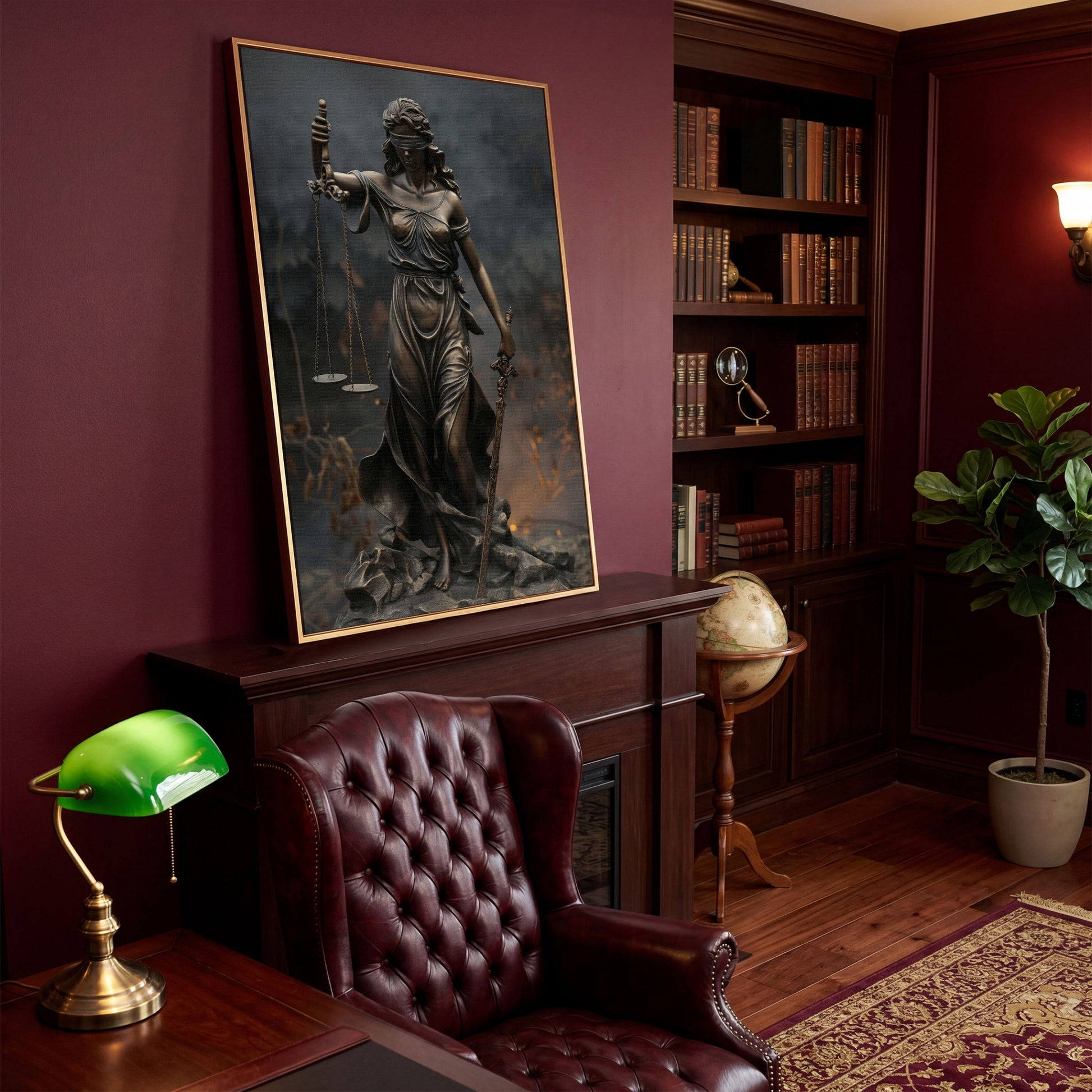 Lady Justice Themis Bronze Canvas Wall Art in antique gold floating frame