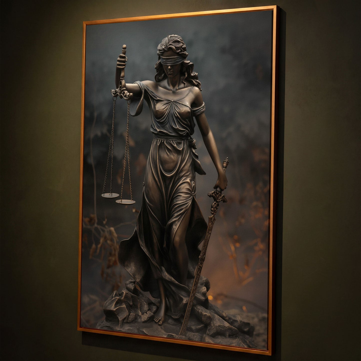 Lady Justice Themis Bronze Canvas Wall Art shown in antique gold floating frame