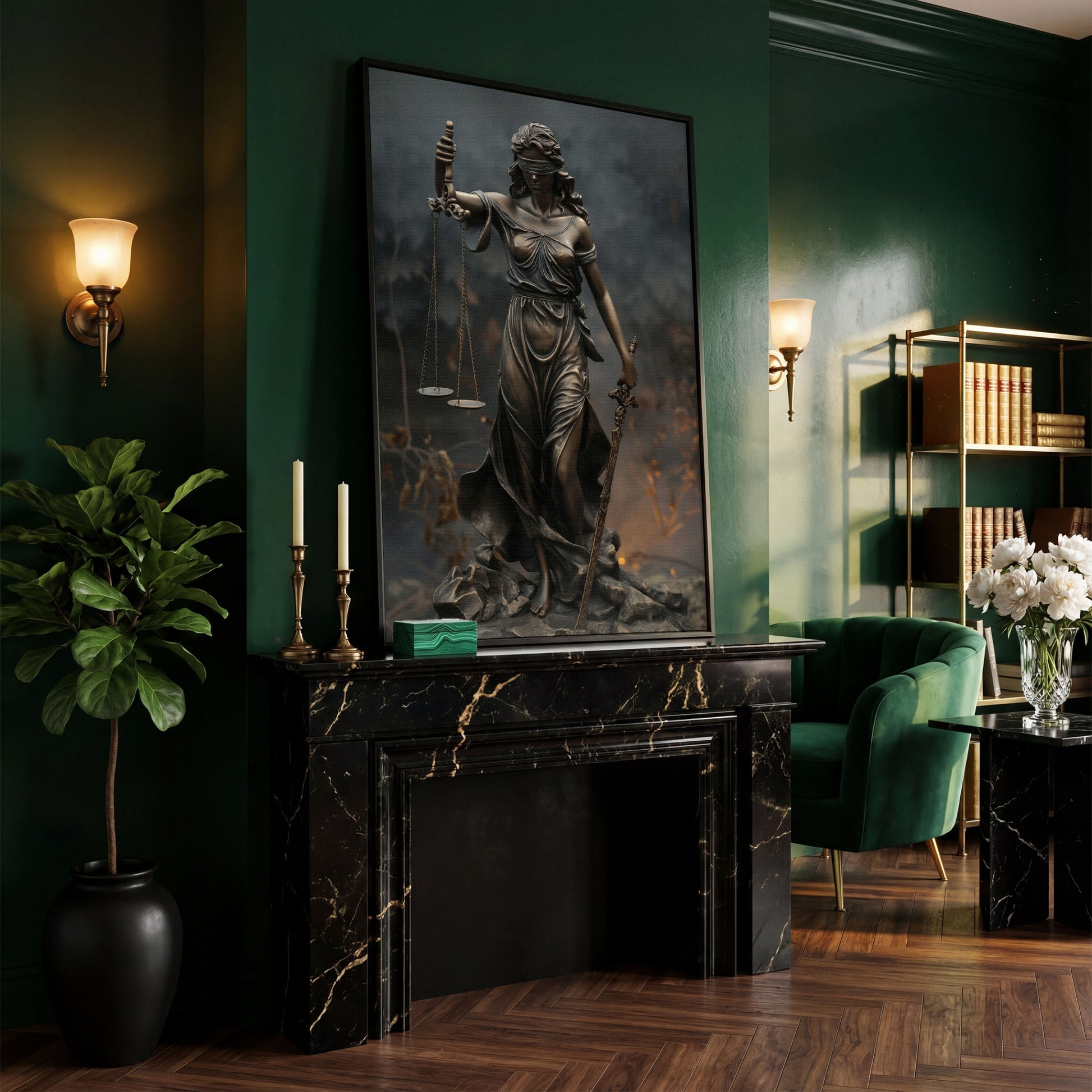 Lady Justice Themis Bronze Canvas Wall Art in black floating frame