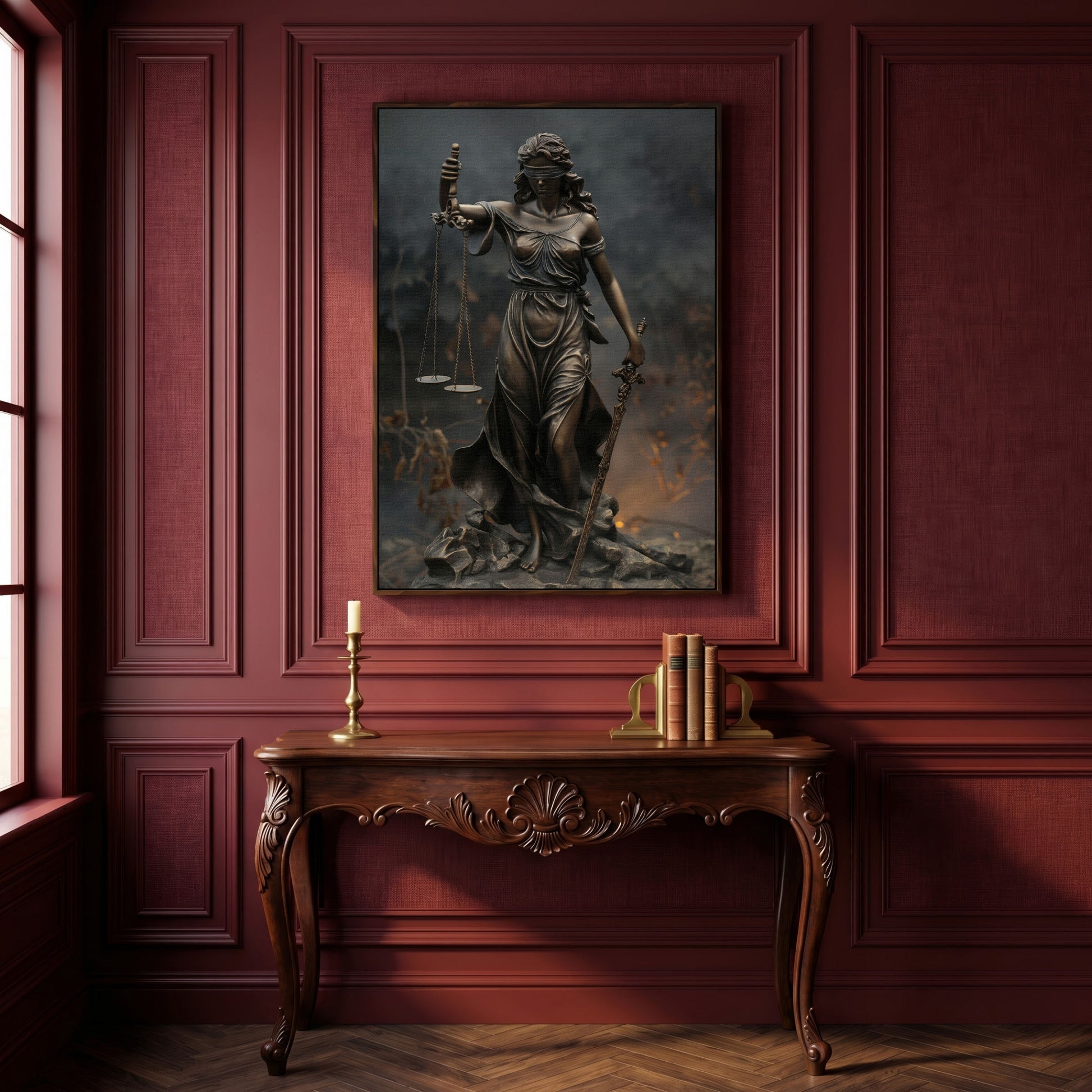 Lady Justice Themis Bronze Canvas Wall Art in dark walnut floating frame