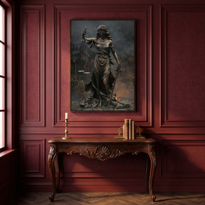 Lady Justice Themis Bronze Canvas Wall Art in dark walnut floating frame