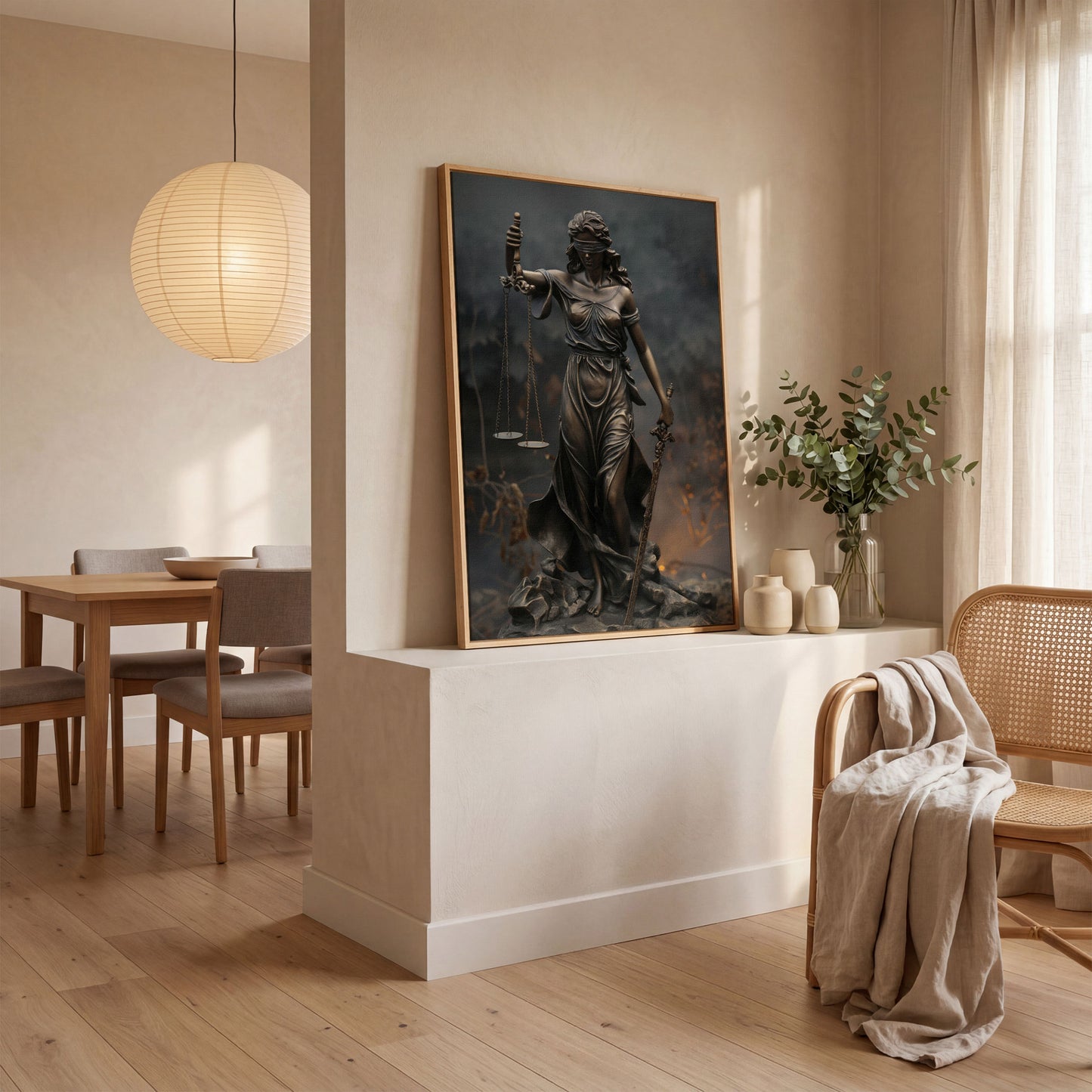 Lady Justice Themis Bronze Canvas Wall Art in white oak floating frame