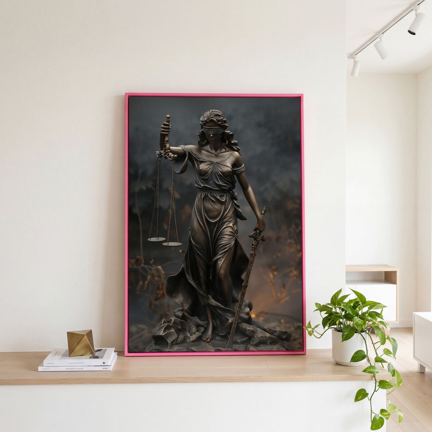 Lady Justice Themis Bronze Canvas Wall Art in pink floating frame