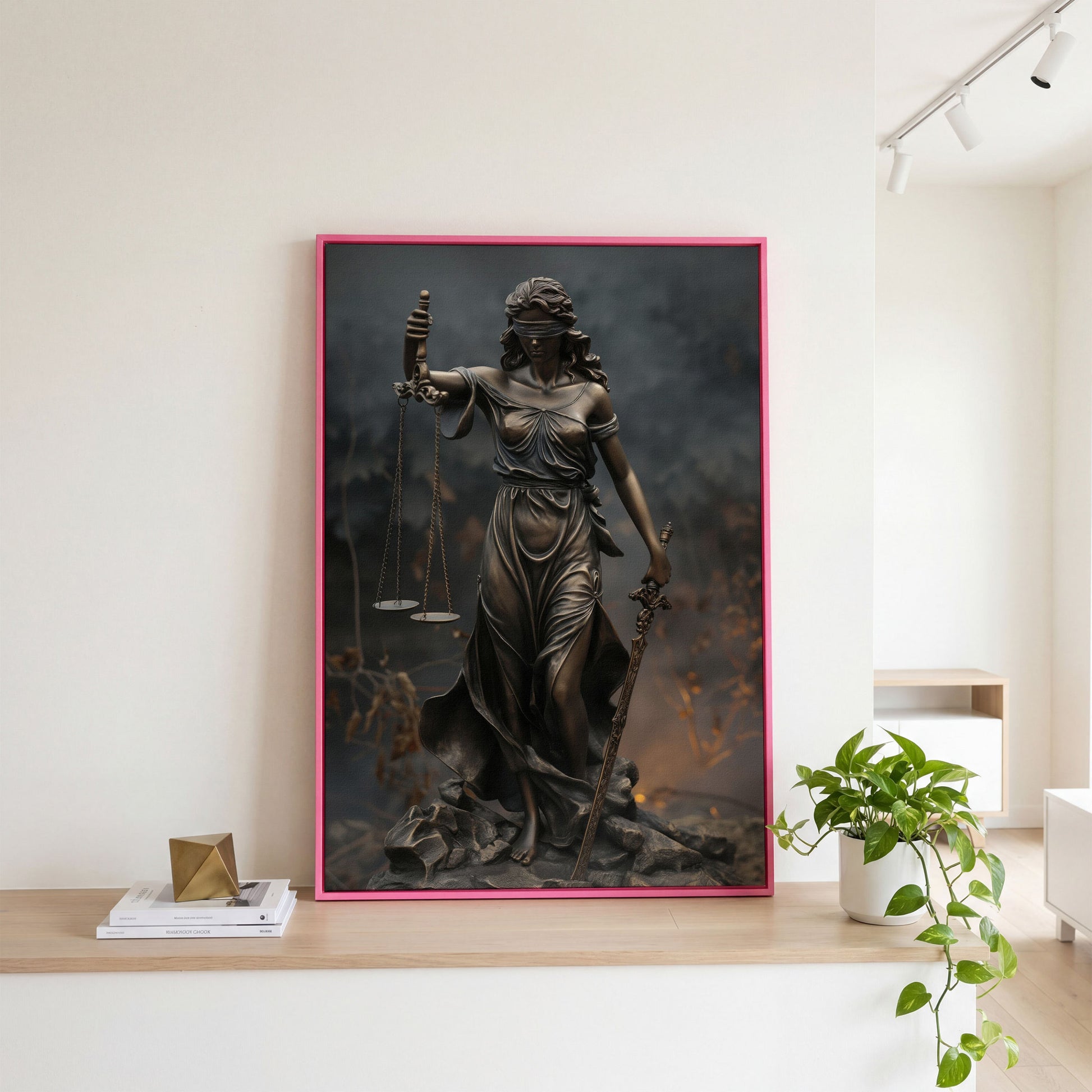 Lady Justice Themis Bronze Canvas Wall Art in pink floating frame