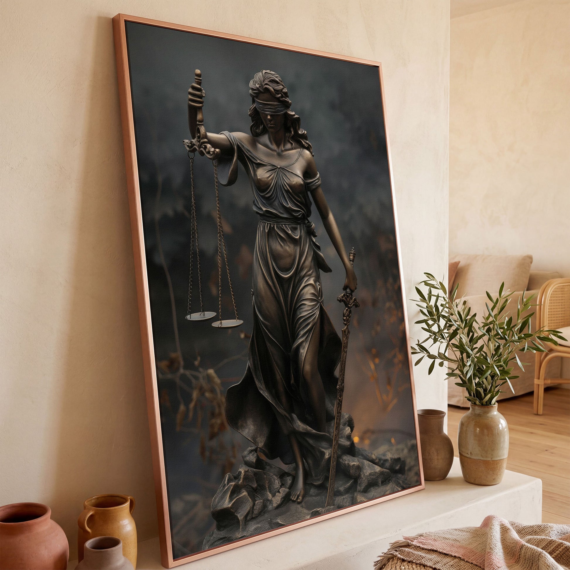 Lady Justice Themis Bronze Canvas Wall Art in rose gold floating frame