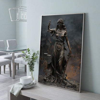 Lady Justice Themis Bronze Canvas Wall Art in silver floating frame