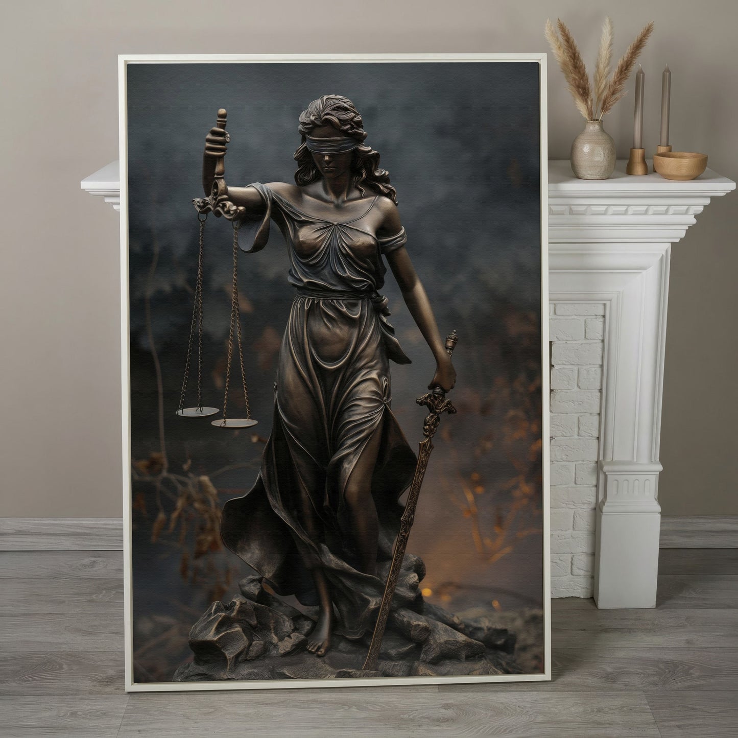 Lady Justice Themis Bronze Canvas Wall Art in white floating frame