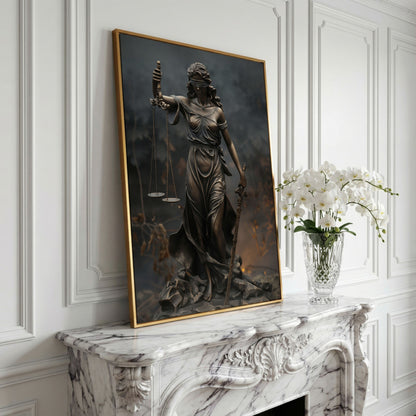 Lady Justice Themis Bronze Canvas Wall Art in yellow gold floating frame