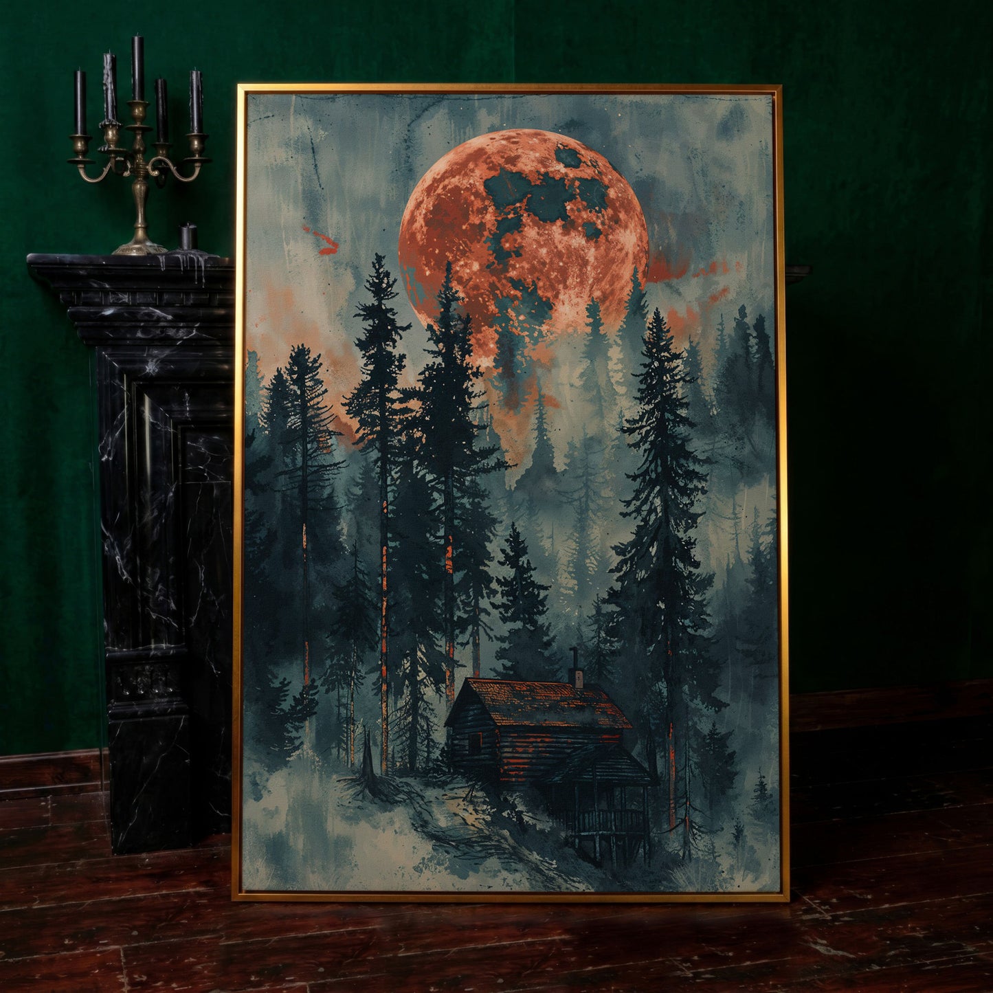 Crimson Moon Over Forest Cabin Canvas in antique gold floating frame
