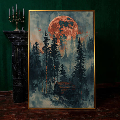 Crimson Moon Over Forest Cabin Canvas in antique gold floating frame