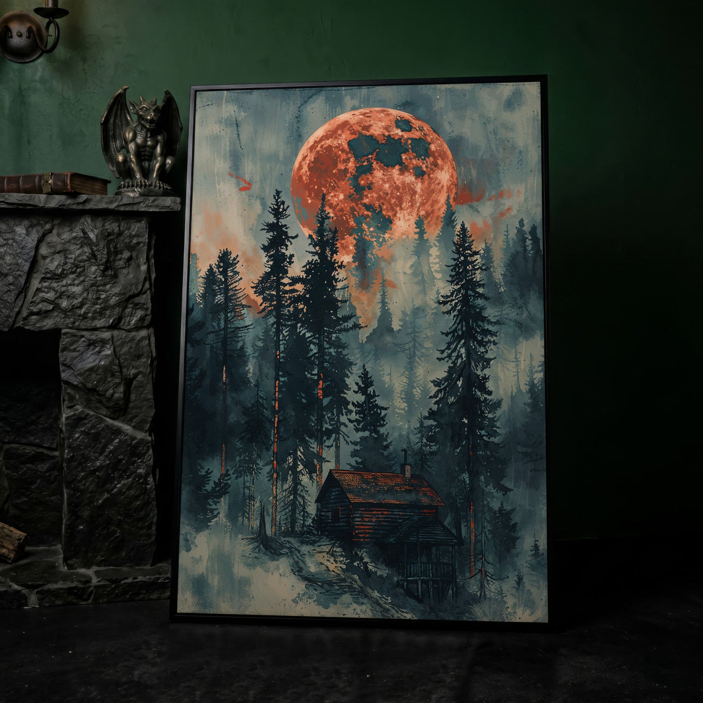 Crimson Moon Over Forest Cabin Canvas in black floating frame