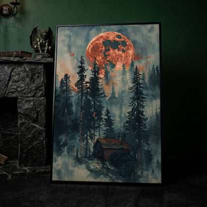 Crimson Moon Over Forest Cabin Canvas in black floating frame
