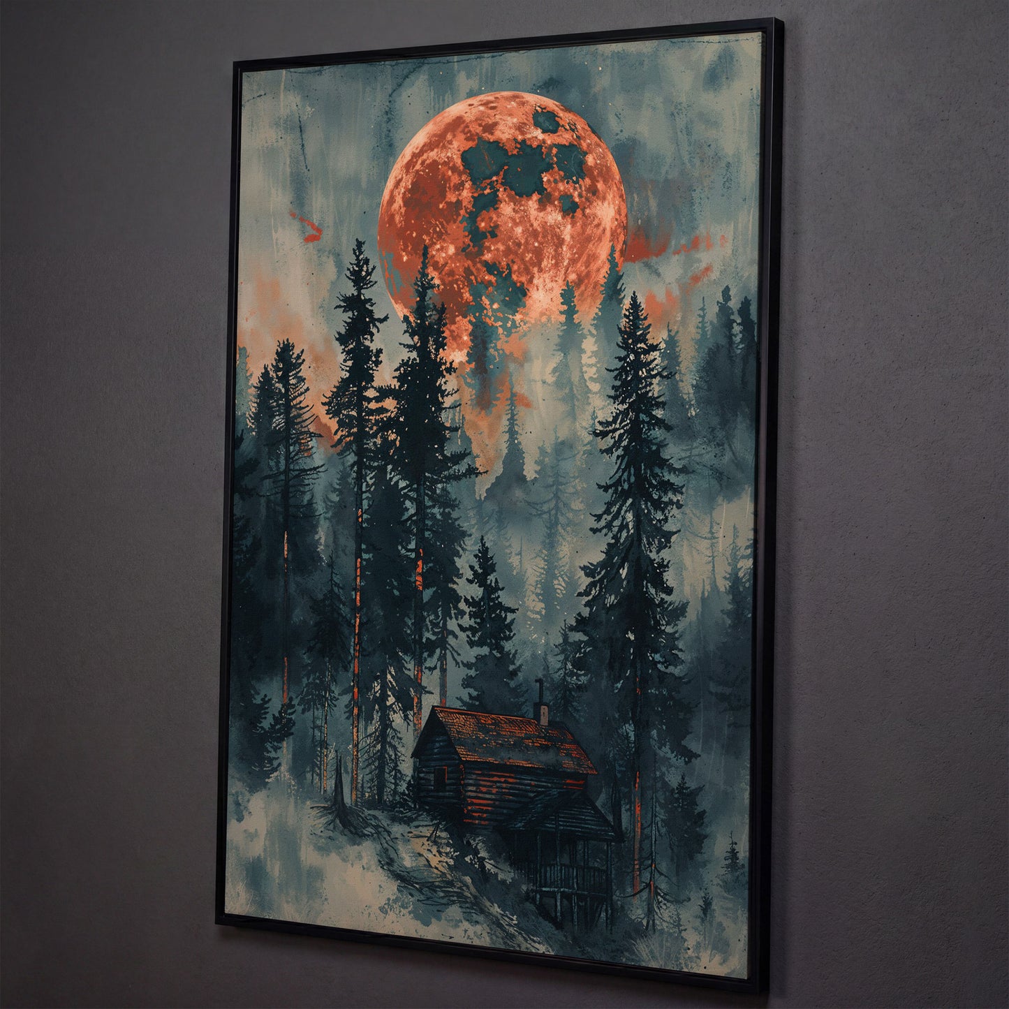 Crimson Moon Over Forest Cabin Canvas shown in black floating frame
