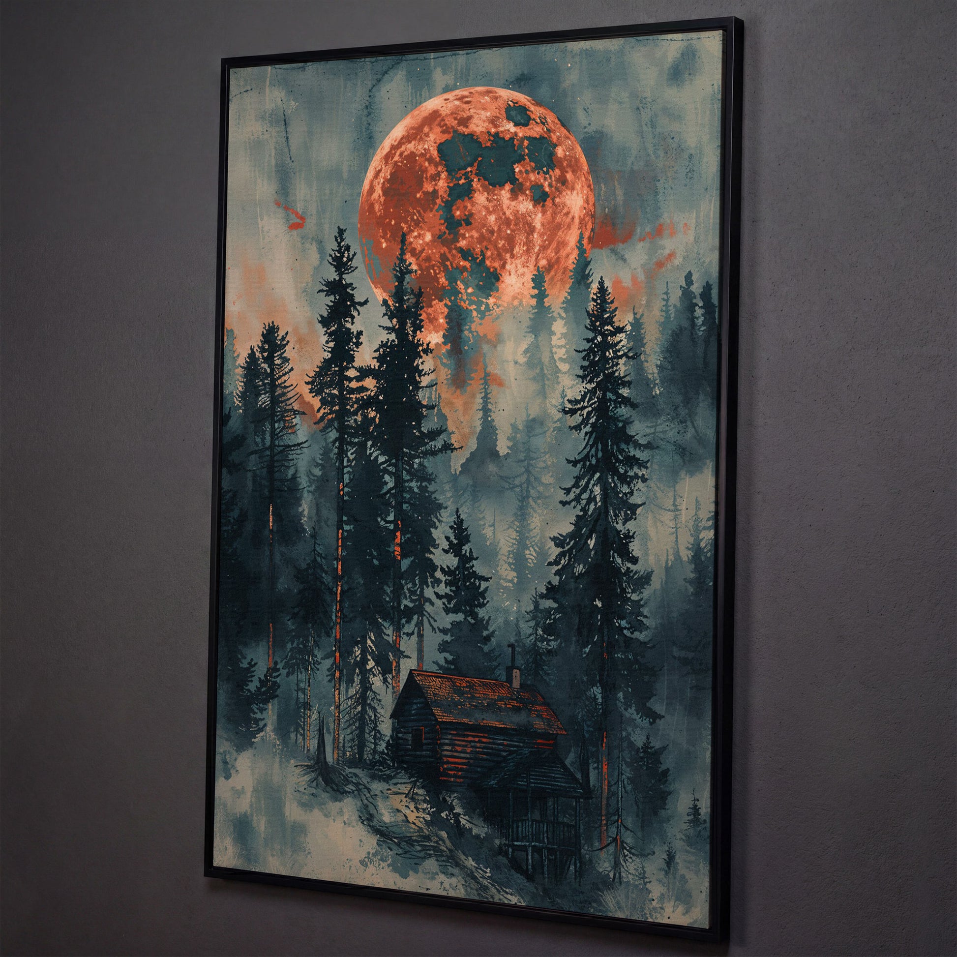 Crimson Moon Over Forest Cabin Canvas shown in black floating frame
