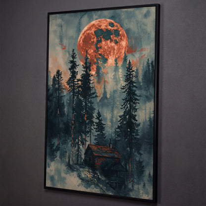 Crimson Moon Over Forest Cabin Canvas shown in black floating frame