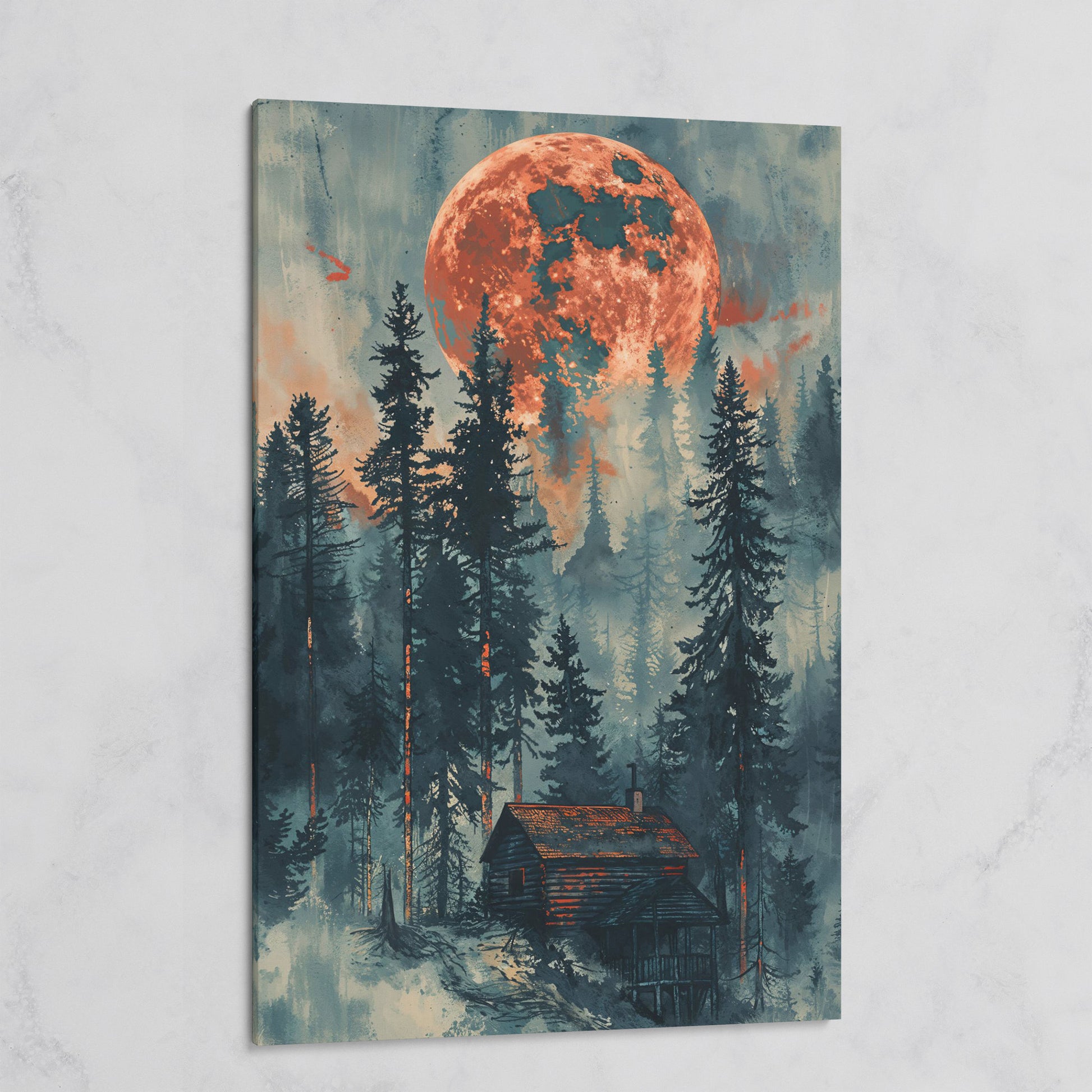Crimson Moon Over Forest Cabin Canvas on gallery wrap