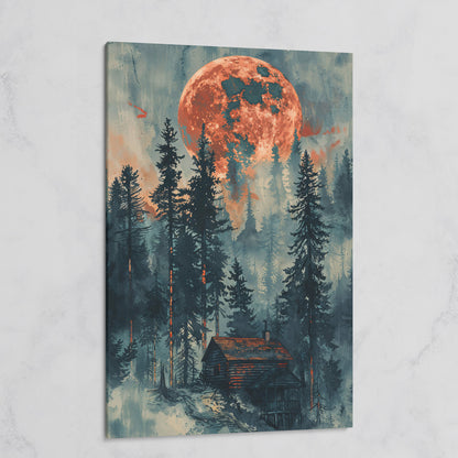Crimson Moon Over Forest Cabin Canvas on gallery wrap