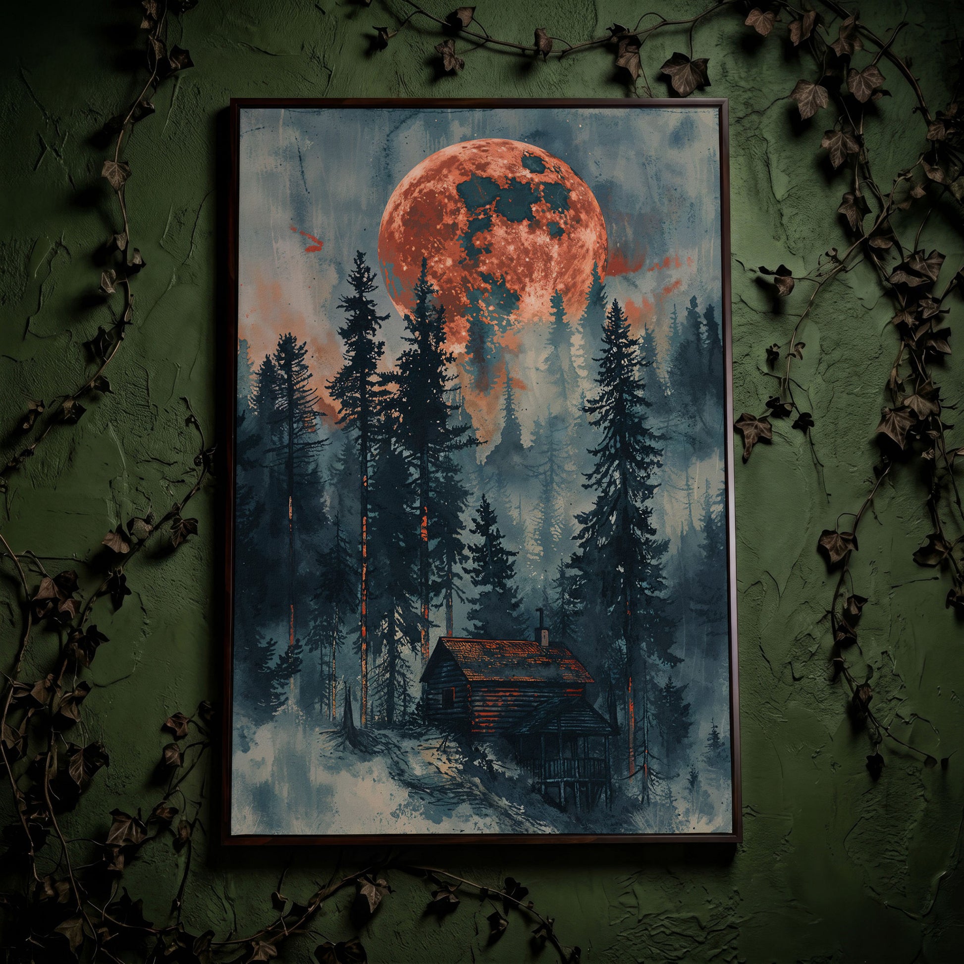 Crimson Moon Over Forest Cabin Canvas in dark walnut floating frame