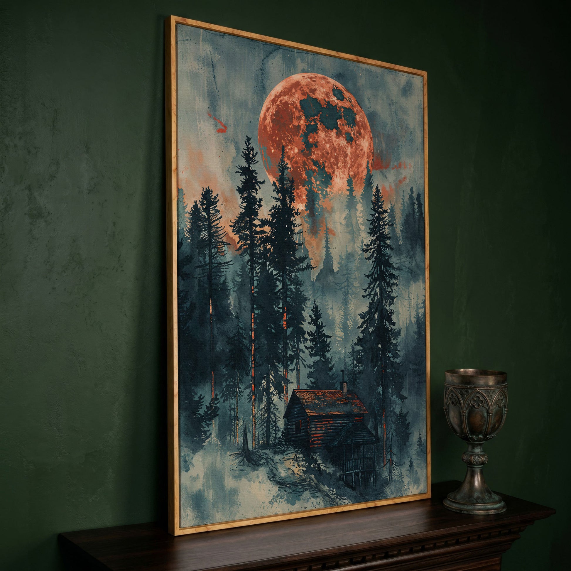 Crimson Moon Over Forest Cabin Canvas in white oak floating frame