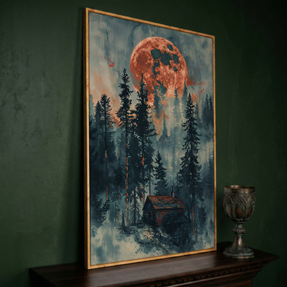 Crimson Moon Over Forest Cabin Canvas in white oak floating frame