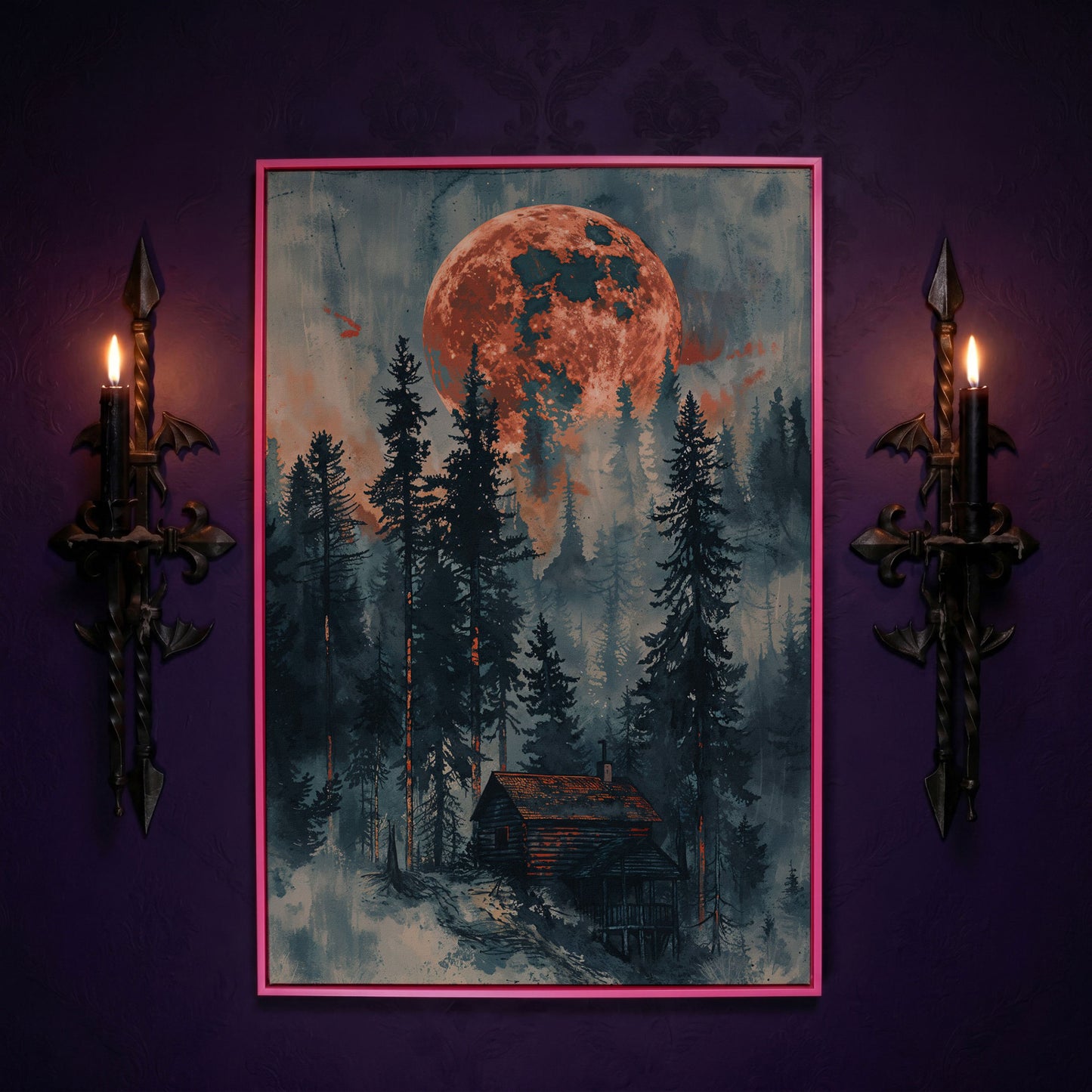 Crimson Moon Over Forest Cabin Canvas in pink floating frame