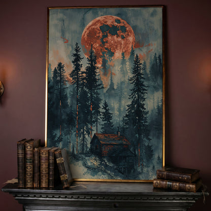 Crimson Moon Over Forest Cabin Canvas in rose gold floating frame