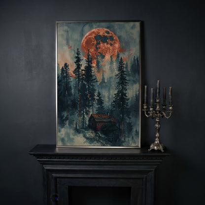 Crimson Moon Over Forest Cabin Canvas in silver floating frame