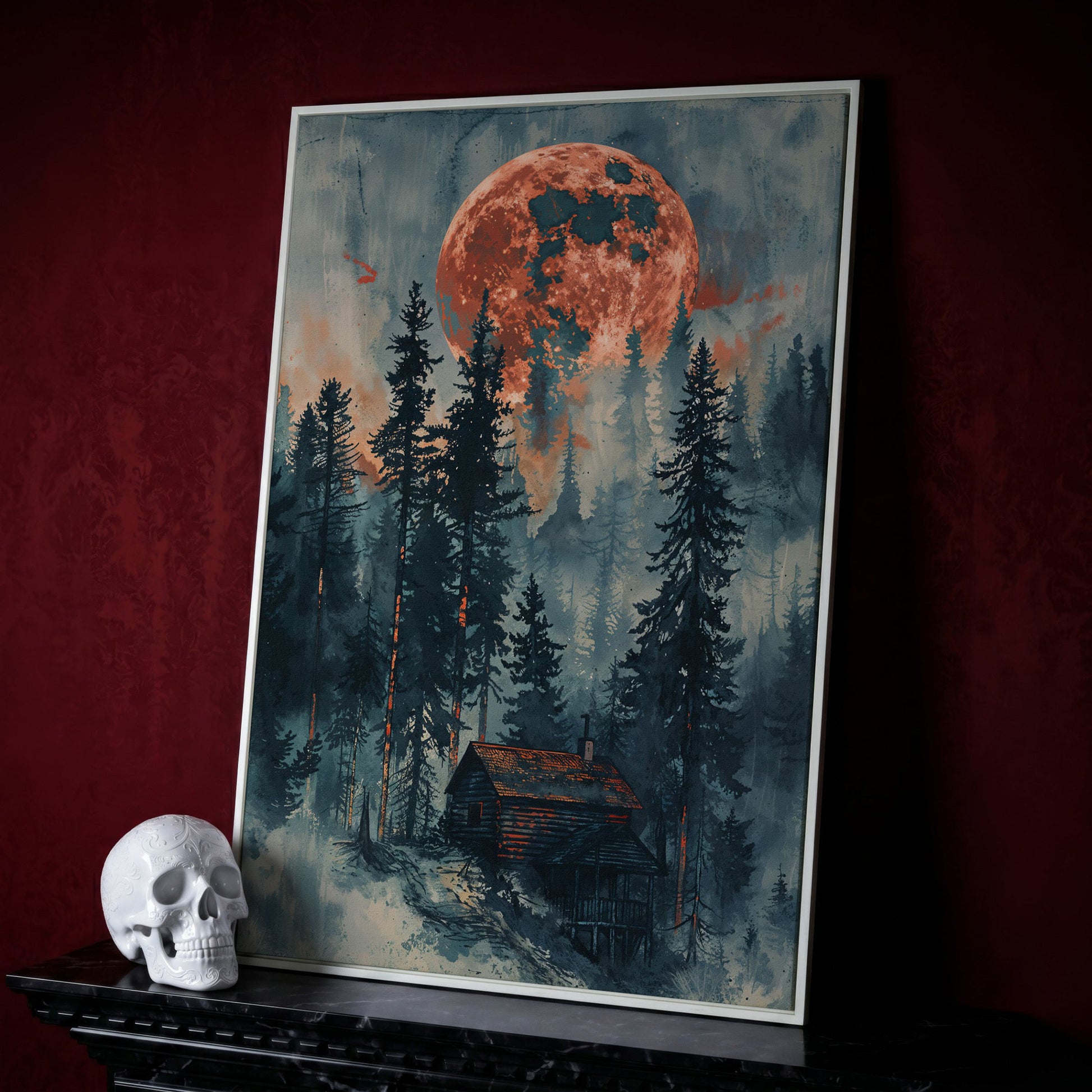 Crimson Moon Over Forest Cabin Canvas in white floating frame