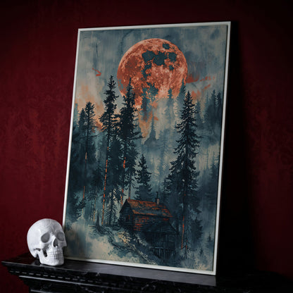 Crimson Moon Over Forest Cabin Canvas in white floating frame