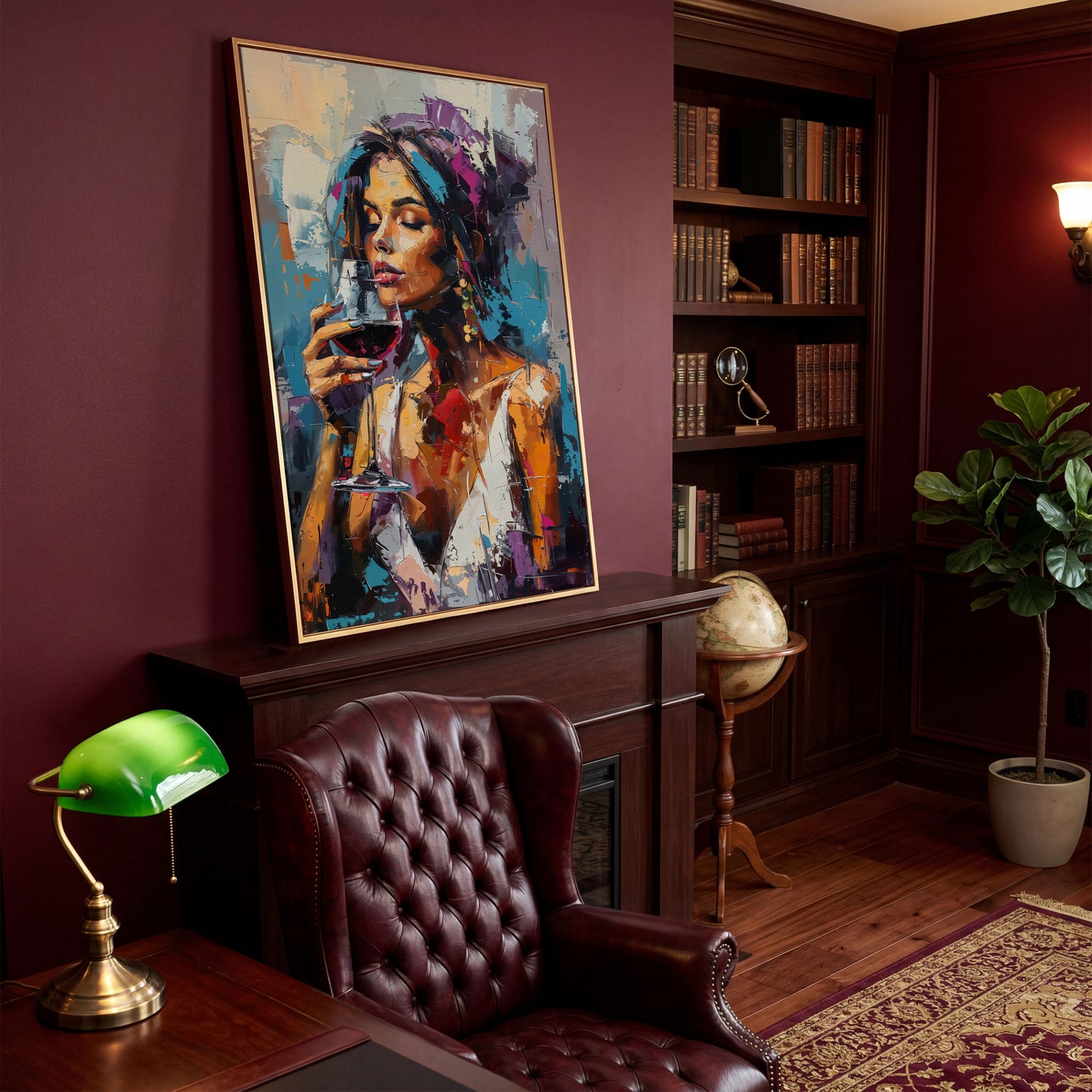 Elegant Woman with Red Wine Canvas Print in antique gold floating frame