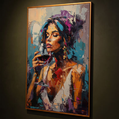Elegant Woman with Red Wine Canvas Print shown in antique gold floating frame