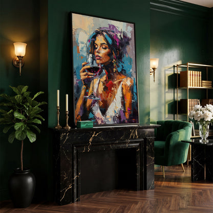 Elegant Woman with Red Wine Canvas Print in black floating frame