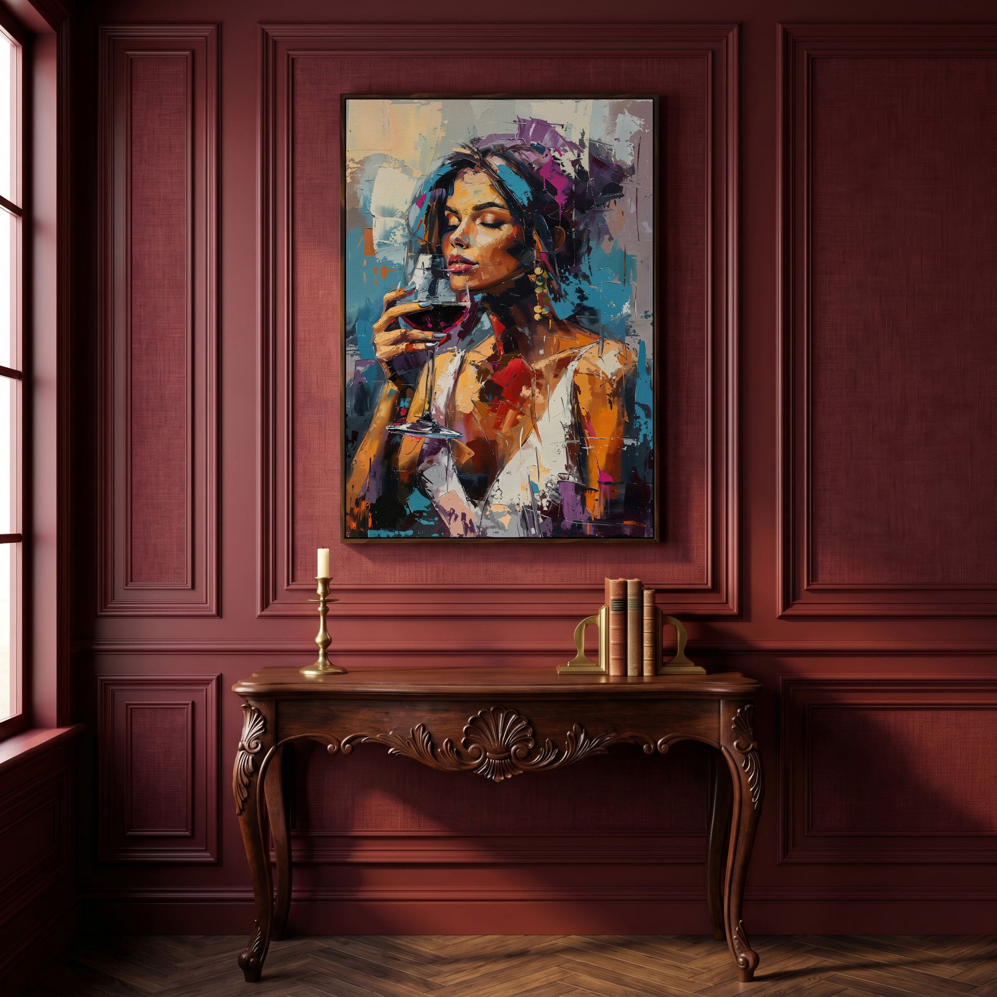 Elegant Woman with Red Wine Canvas Print in dark walnut floating frame