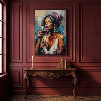 Elegant Woman with Red Wine Canvas Print in dark walnut floating frame