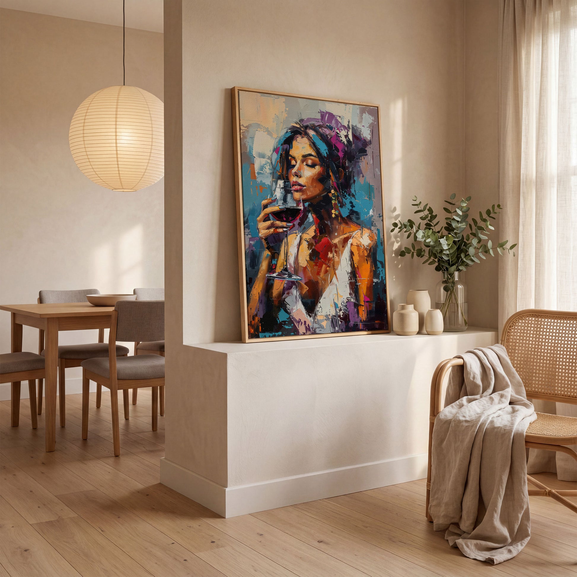 Elegant Woman with Red Wine Canvas Print in white oak floating frame
