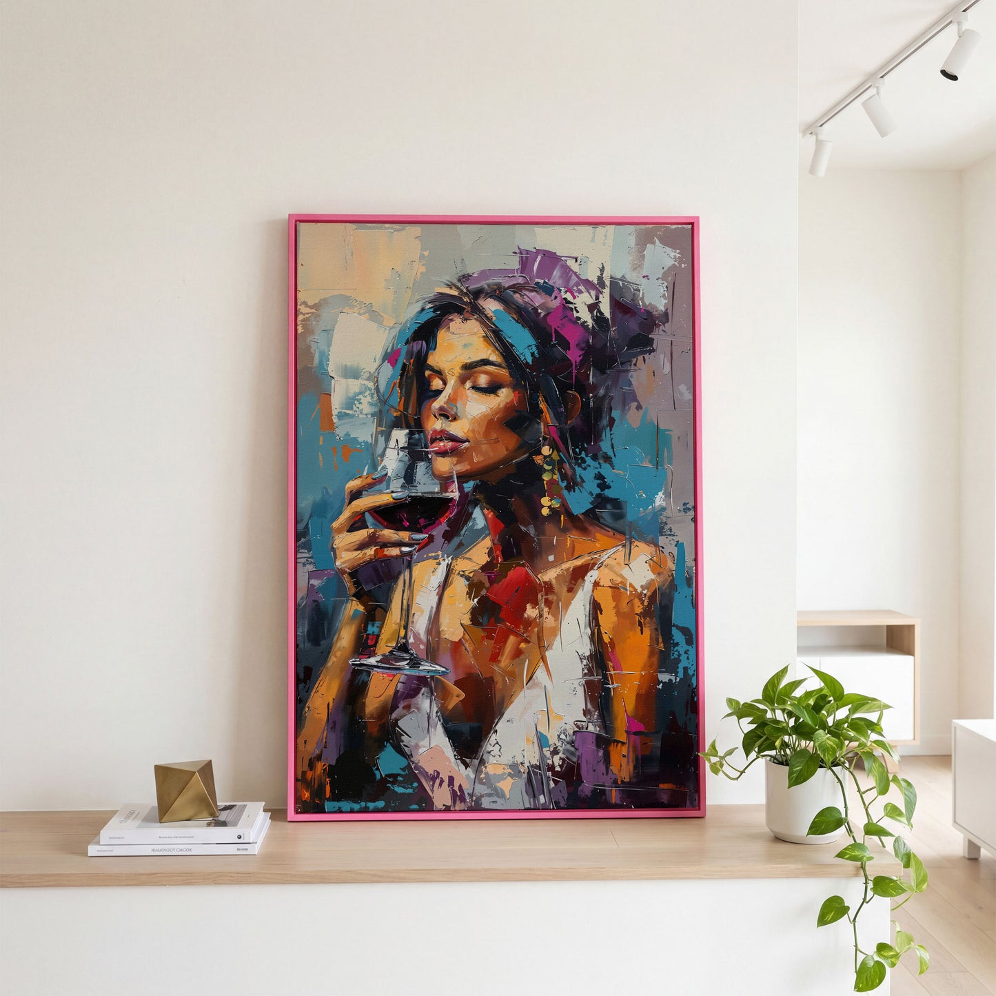 Elegant Woman with Red Wine Canvas Print in pink floating frame