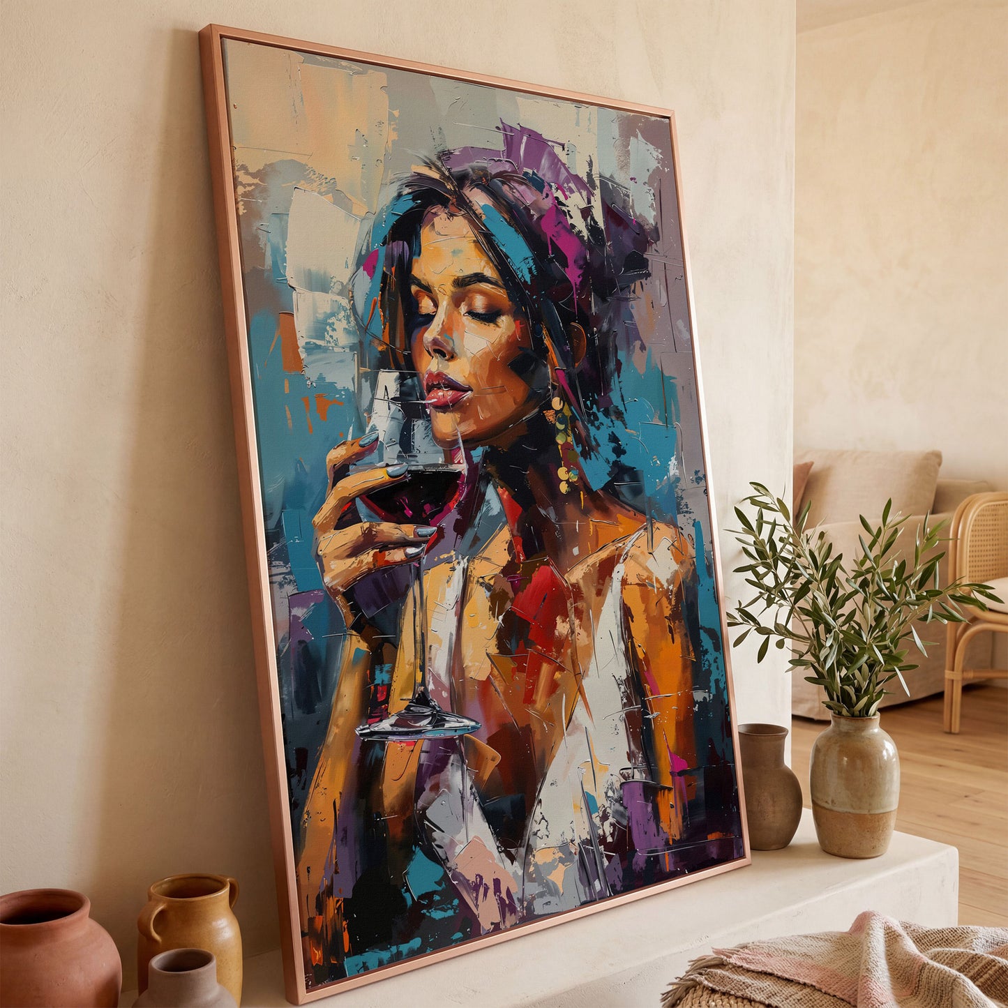 Elegant Woman with Red Wine Canvas Print in rose gold floating frame