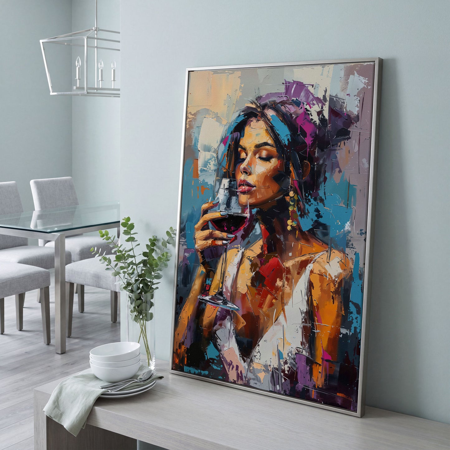 Elegant Woman with Red Wine Canvas Print in silver floating frame