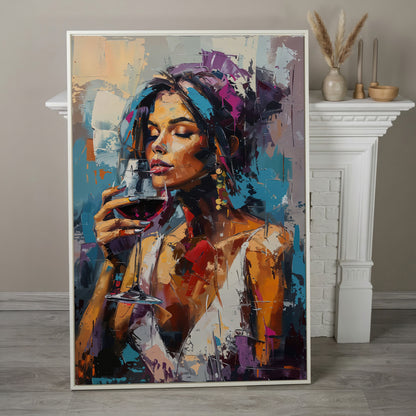 Elegant Woman with Red Wine Canvas Print in white floating frame