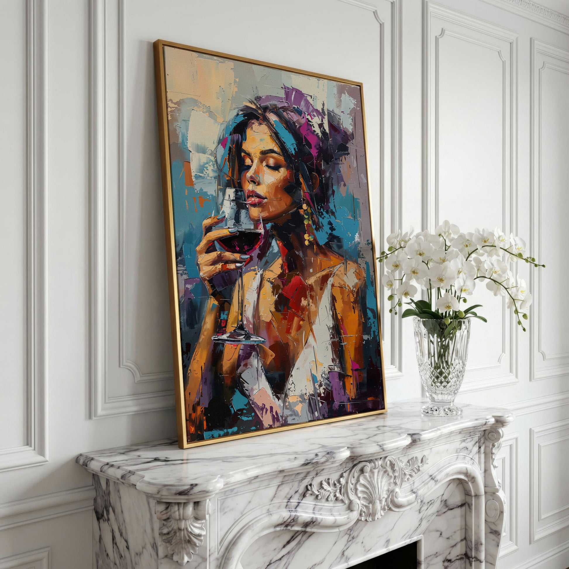 Elegant Woman with Red Wine Canvas Print in yellow gold floating frame