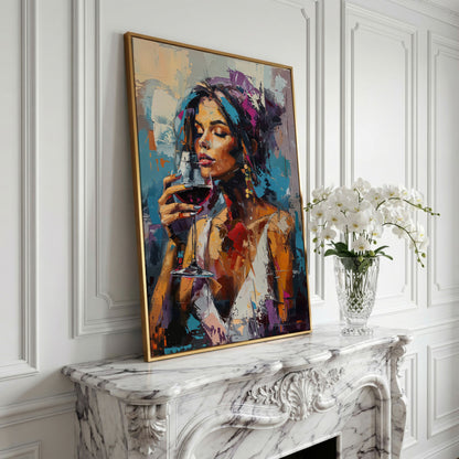 Elegant Woman with Red Wine Canvas Print in yellow gold floating frame